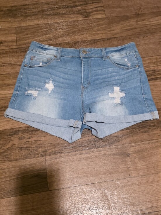 Pants - Light Blue Distressed Denim Cuffed Women's Shorts